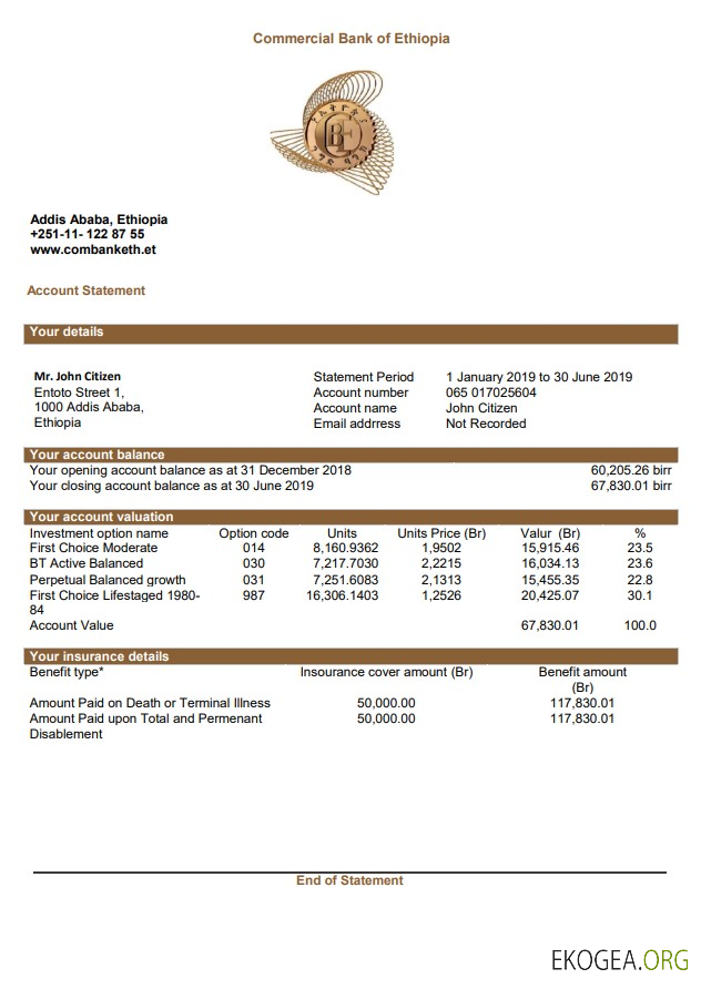 Relevé bancaire de la Banque commerciale d'Ethiopie d'Ethiopie
